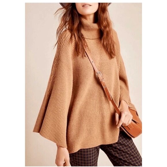 Anthropologie Size XS/S Petite Kali Poncho Sweater Brown Oversized Cable Knit - Picture 2 of 13